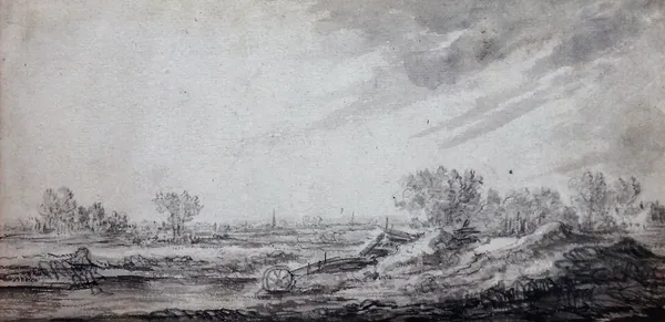 Dutch School (18th century), Landscape, pencil and sepia wash, unframed, 11.5cm x 24cm.