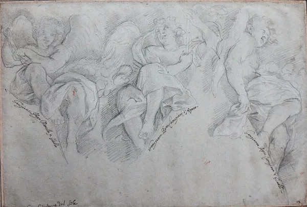 Giuseppe del Sole (18th century), Study of three angels, pencil, heightened with white, on grey paper,  inscribed below each image and signed in ink,