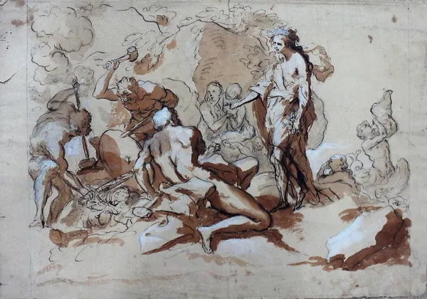 ** Gabbiani (18th century), The Forge of Vulcan, pen, brown ink and brown wash heightened with white, unframed, 28cm x 39.5cm.