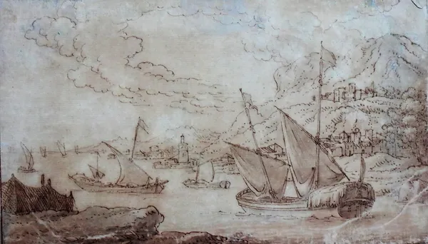 Continental School (18th century), An estuary scene with boats, pen, ink and wash, unframed, 16cm x 27.5cm.