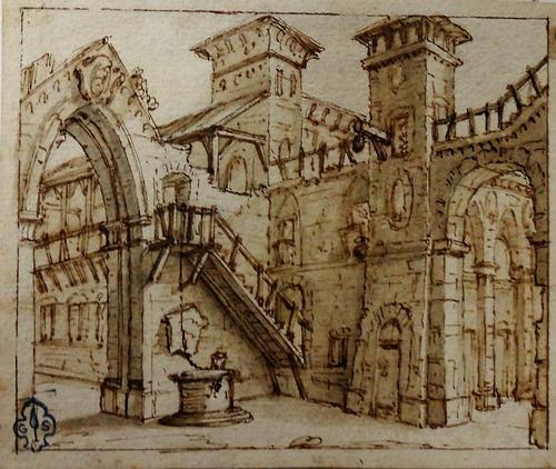 Continental School (19th century), View of a courtyard, pen, ink and sepia wash, unframed, 9.5cm x 11.5cm.