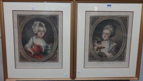 After Louis Marin Bonnet, The Milk Woman; The Woman taking Coffee, a pair of crayon manner stipple engravings, printed in colour from four plates in r