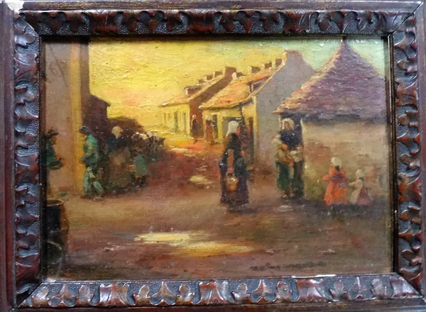 Dutch School (early 20th century), Figures in a village street, oil on panel, 15cm x 22cm.  CAB