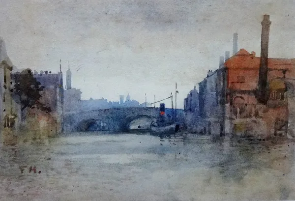 Frank Montague Holl (1845-1888), Industrial river scene, watercolour, signed with initials, 16.5cm x 24.5cm.