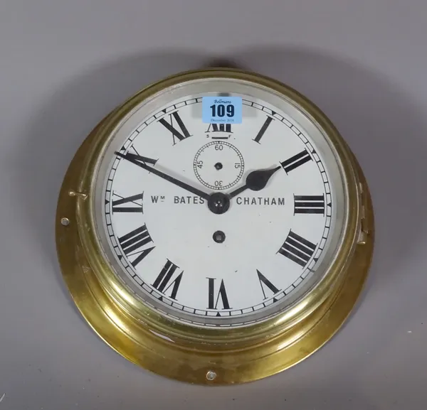 An early 20th century brass porthole style wall clock, W.M.Bates, Chatham.   CAB