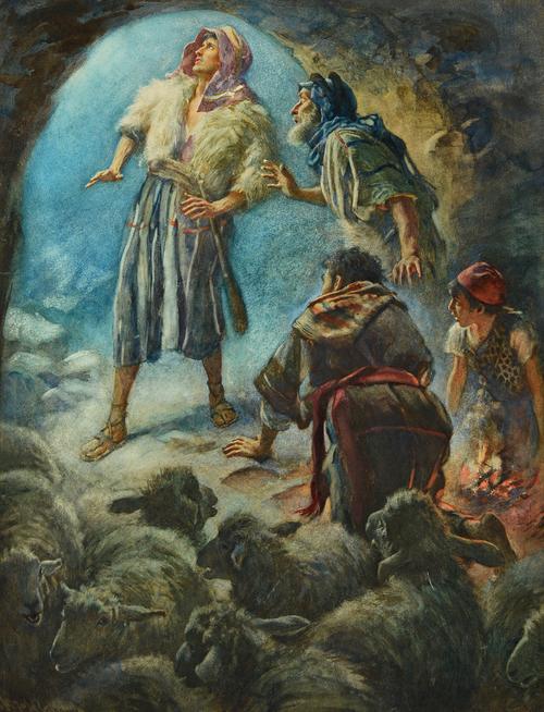 Harold Copping (1863-1932), The Shepherd's keeping watch see the glory of God, watercolour, signed, 49cm x 37.5cm. Illustrated.