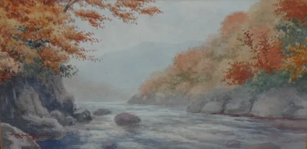 T. Kabayashi? (early 20th century), Japanese scenes: Coastal scene; Autumn river scene, a pair of watercolours, both indistinctly signed, each 25.5cm