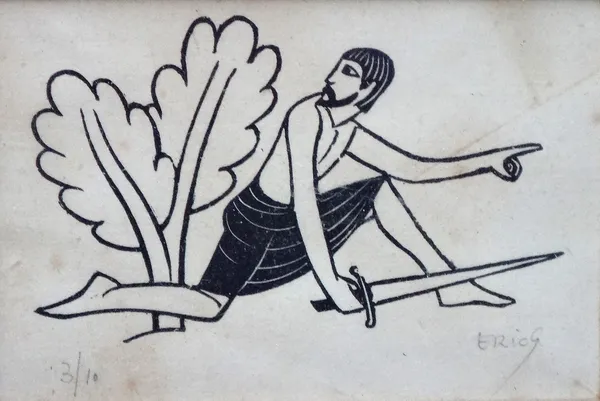 Eric Gill (1882-1940), Man with sword, woodcut, signed and numbered 3/10, 5cm x 7.5cm.