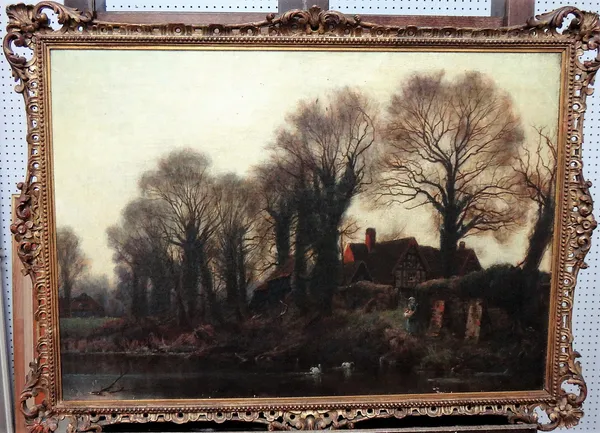 English School (19th century), Wooded river scene with a figure before a house and swans on the river, oil on canvas, 50cm x 72cm.  G1