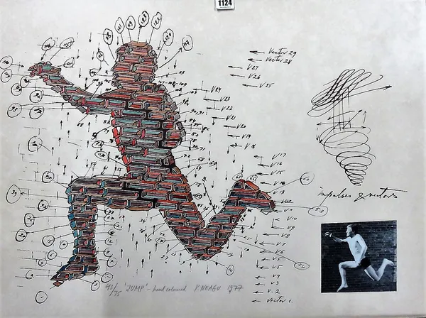 Paul Neagu (1938-2004), Jump, lithograph with hand colouring and applied photograph, signed, inscribed, dated 1979, numbered 43/75 in pencil, 55.5cm x