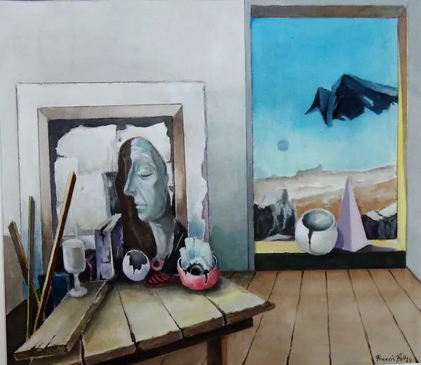 Francis Bott (1904-1998), Surrealist Interior, watercolour, signed and dated '84, 32cm x 36.5cm. DDS