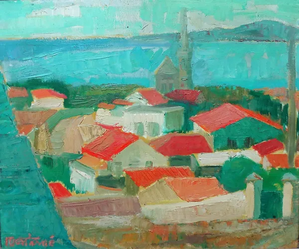 Roger Montane (1916-2002), Coastal village, oil on canvas, signed, 37cm x 45cm. DDS