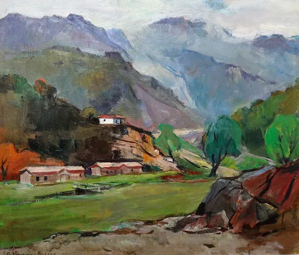 Continental School, (20th century), Mountainous landscape, oil on canvas, indistinctly signed and dated 1962, 58.5cm x 69cm.