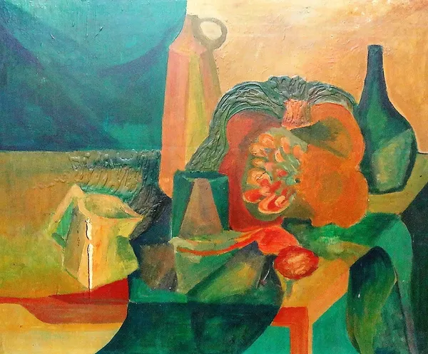 Manner of Ceri Richards, Still life with Pumpkin 1959, oil on board, bears a signature, inscribed on reverse, 61cm x 76cm. A/S