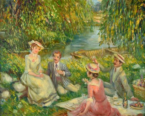 John Strevens (1902-1990), Birthday picnic, oil on canvas, signed, 39cm x 49cm. DDS Illustrated.