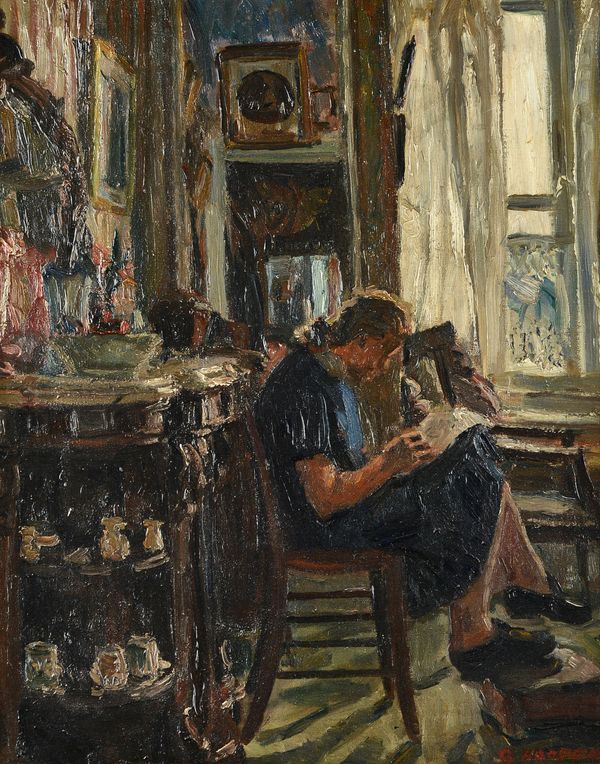G. Hooper (20th century), At Aunt Lydia's House, oil on canvas, signed, inscribed on stretcher, with a male portrait verso, 50cm x 40cm. DDS