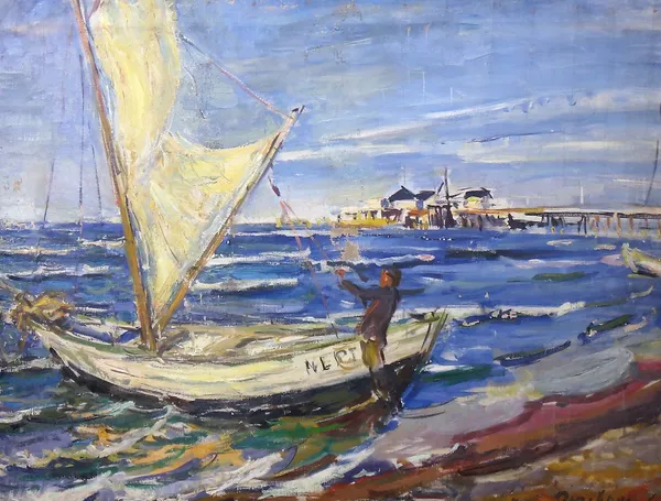 Josef Oppenheimer (1876-1966), Pulling up the sail, oil on canvas, signed, unframed, 68.5cm x 92cm.  DDS