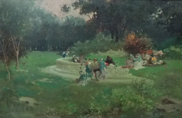 Continental School (early 20th century), Figures in a park, oil on panel, 26cm x 40cm.