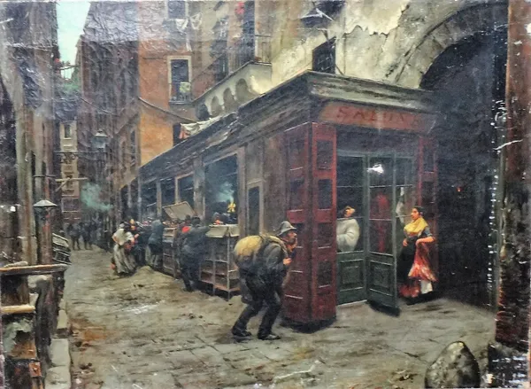 ** Migliato (19th/20th century), Street scene with Gypsies, oil on canvas, signed, unframed, 45cm x 60cm.