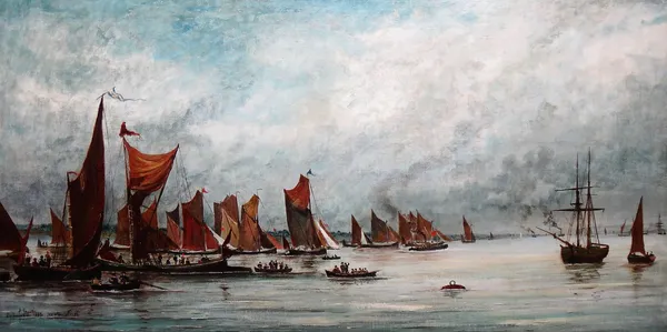A, Ragon (19th/20th century), The Barge Race: the Start, Erith, oil on canvas, signed, inscribed and dated 1882, 59cm x 119cm.