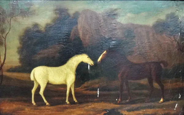 John P. Holey, in the manner of George Stubbs, Horses in a landscape, oil on canvas, signed, 66.5cm x 109cm.
