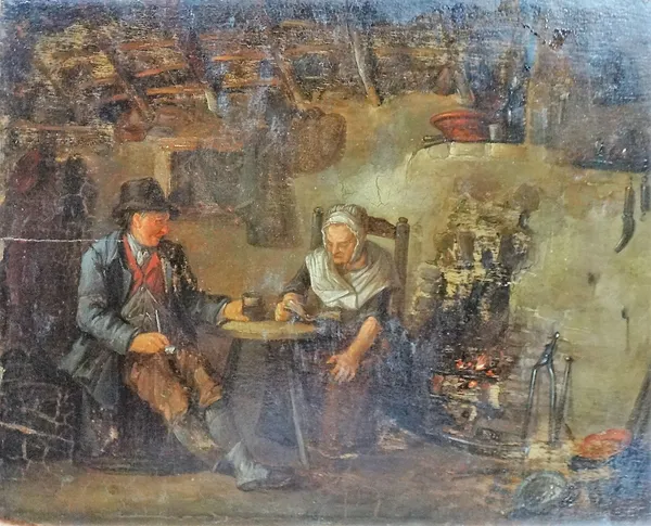 Manner of David Teniers, Elderly couple in an interior, oil on panel, 19.5cm x 24cm.; together with a further oil on canvas of a horse and cart on a w
