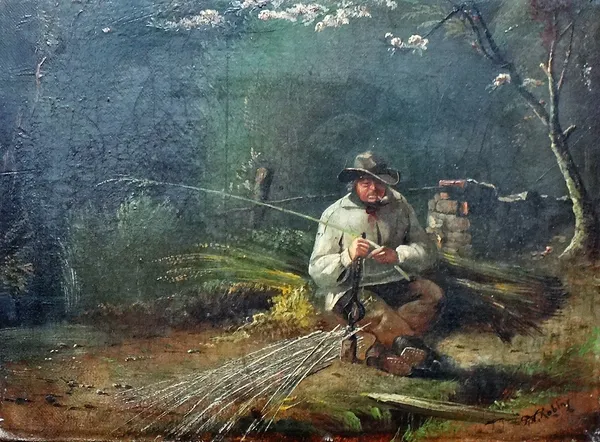 N. Robins (19th century), A man preparing rush lights, oil on canvas, signed, unframed, 23cm x 30cm.