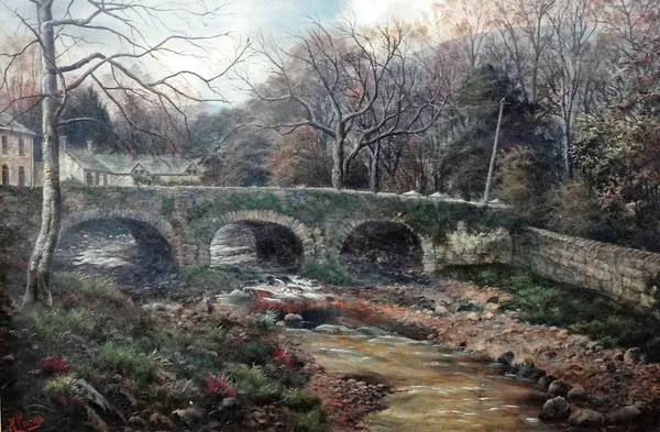 Henry Livings (19th century), Old Stone Bridge in Rostrevor, County Down, oil on canvas, signed, 48cm x 73cm.