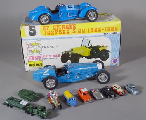 Toys, including; a boxed HP Citroen Torpedo 5CV, two unboxed large cars and a quantity of play worn die-cast cars, (qty).  CAB