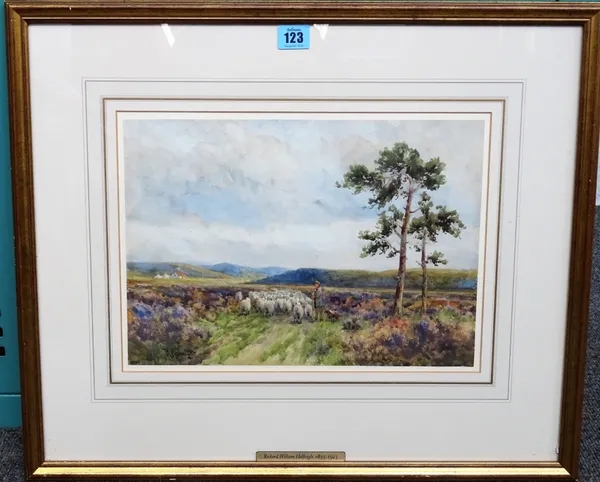 Richard William Halfnight (1855-1925), Landscape with sheep and shepherd, watercolour, signed, 25cm x 35cm.  G1