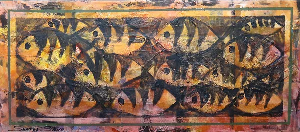 Sanroi Shun? (contemporary), Fishes, mixed media and collage on canvas, indistinctly signed, unframed, 60cm x 140cm.  G1