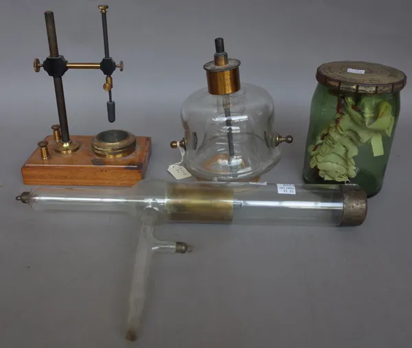 Hartmann & Braun, Frankfurt; a scientific instrument, possibly part of a Galvanometer, two glass test tubes, one by Leyhold, possibly Goldstein or hea