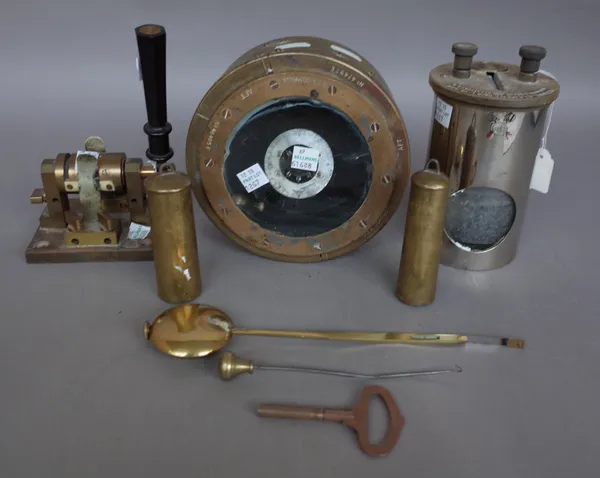 A WWI  0.2.A brass cased gimble compass, 16.5cm dia, two brass clock weights, key & pendulum and a Hartmann & Braun electrical receiver & switch, (qty