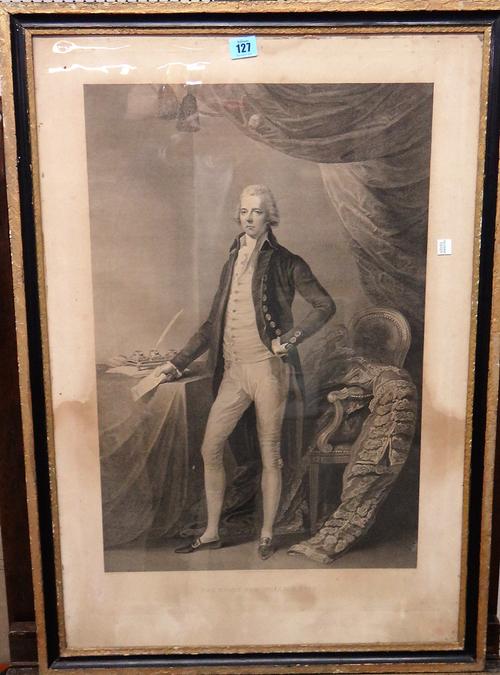 Two engravings of The Right Honorable William Pitt, the larger 70cm x 47cm, together with a further engraving of Earl Grey.(3)  E1