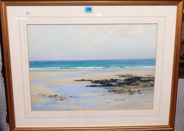 Joseph Kirkpatrick (1872-1930), Beach scene at low tide, watercolour, signed, 35cm x 51cm.; together with a further gouache coastal scene by Gillian G