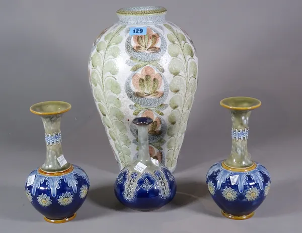 A Denby stoneware pottery vase, 34cm high, a pair of baluster Doulton vases, 20cm high and another Doulton vase, 16cm high, (4).   S2T