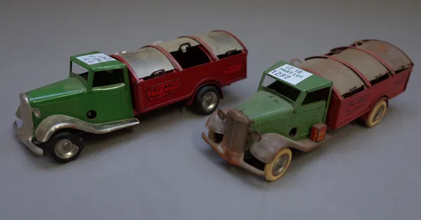 A Triang Minic No 32M clockwork Dustcart, green cab, red back and another Triang Minic Dustcart, both boxed, (2).