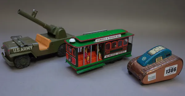 A Marx tinplate 'Turnover Tank', a Japanese K Toys Rocket Launcher jeep and another tinplate model 'San Francisco' cable car, all boxed, (3).