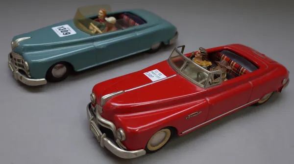 An Arnold Candidate blue open top tinplate car and two passengers, circa 1950 and an Arnold Format red open top clockwork tinplate car and two passeng