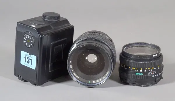 Camera equipment including a Mamiya 645 medium format body and two lenses, (qty).   CAB