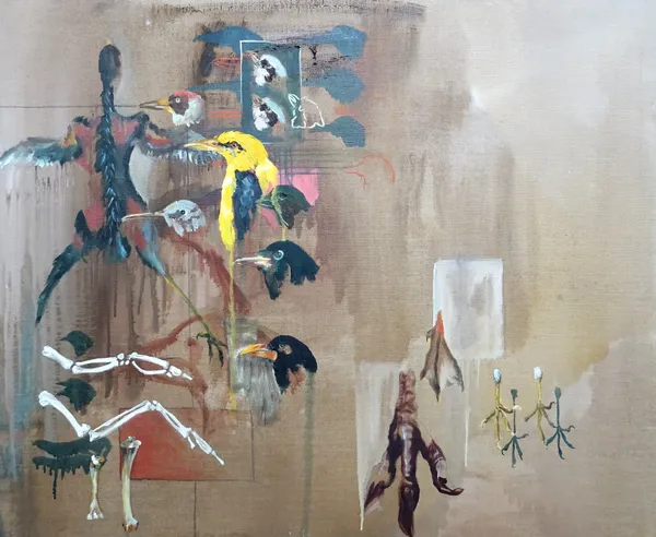 Ann Williams (contemporary), Bird studies, oil on canvas, signed on overlap, unframed, 76cm x 91cm. DDS  F1