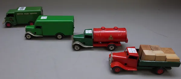 Triang Minic commerical lorries/vans comprising; Britsh Road Services, a petrol tanker, green cab, red back, a flatbed lorry with six wooden blocks an