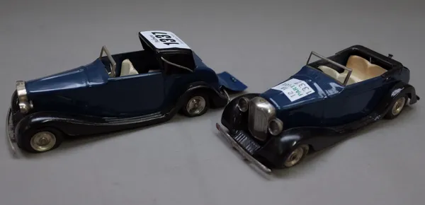 A Triang Minic Rolls type open sports car and a Minic open touring car, both blue body with black running boards, (2).