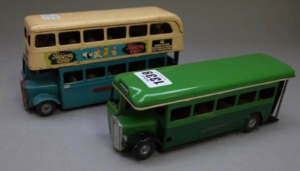 A Triang Minic post war (52M) 'GreenLine' single deck bus, two tone green and a Minic No 60M double-decker bus in blue/cream livery, (2).