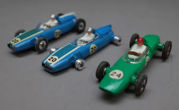 Two Dinky 240 Cooper racing cars in blue and a Dinky 241 Lotus racing car in green, all boxed, (3).
