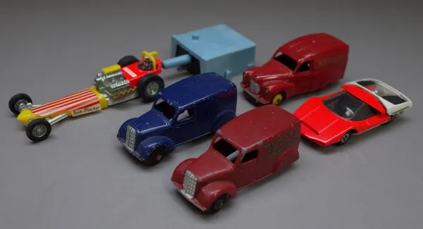 Five Dinky die-cast vehicles, comprising; 471 'Nestles' Austin van, boxed, Hornby Trains Van, one similar blue van, 202 Fiat Albarth 200 and a 360 Dra
