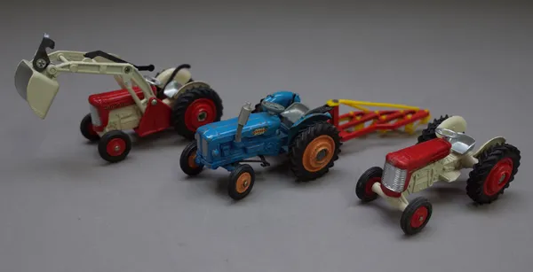 Three Corgi agricultural die-cast vehicles comprising; Corgi Toys No.18 gift set - Fordson power major tractor and four Furrow plough (partial box), 5