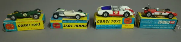 Four Corgi die-cast racing cars comprising; 155 Lotus Climax F1, 156 cooper Maserati F1, 158 Lotus Climax F1 and 330 Porsche Carrera 6, all boxed, (4)
