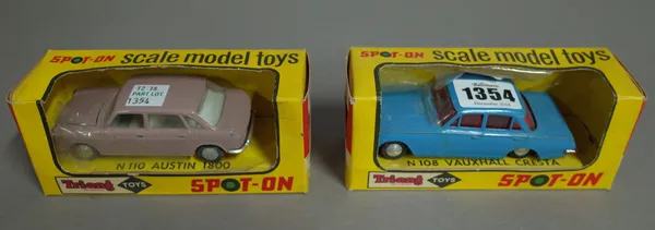 Two Spot-On die-cast vehicles, No 108 Vauxhall Cresta in blue and N110 Austin 1800 in brown, both boxed, (lacking cellophane to windows of boxes), (2)