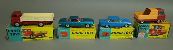 Four Corgi die-cast vehicles comprising; 229 Chevrolet Corvair, 241 Ghia L.6.4, 452 Commer (5 ton) dropside lorry and 465 Commer pick-up truck, all bo